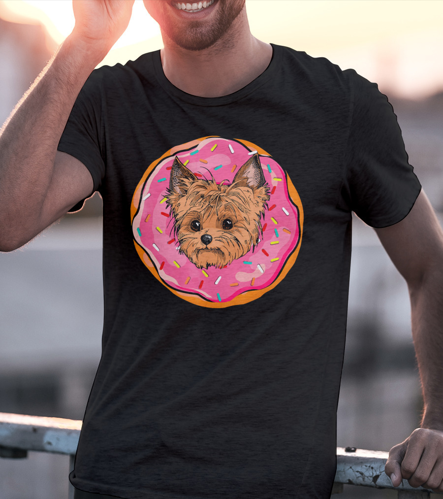 Funny Donut Dog Face Yorkie Yorkie Donut Sprinkles T-Shirt