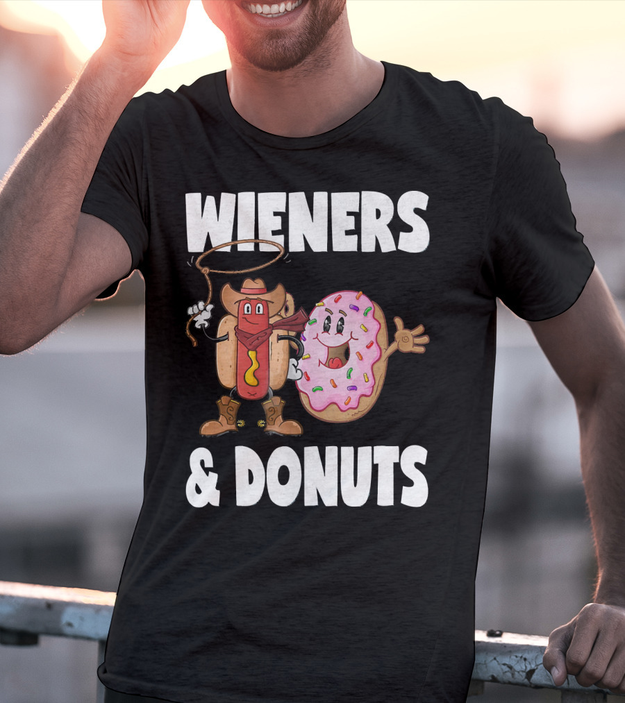 WIENERS And DONUTS Funny Vintage Hot Dog Cowboy And Happy Donut With Sprinkles T-Shirt