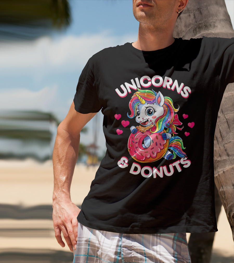 UNICORNS And DONUTS Rainbow Unicorn Eating Donut Surrounded By Hearts T-Shirt