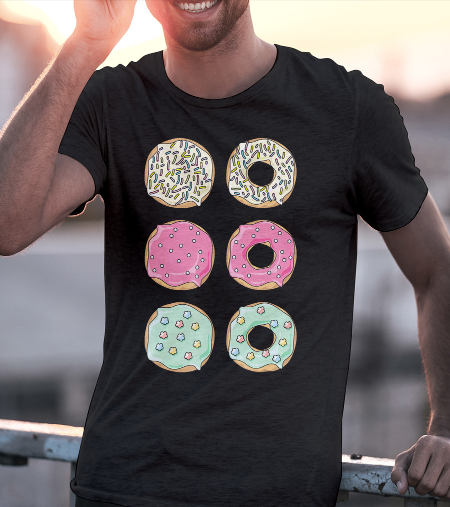 Colorful Pastel Sprinkles Donuts Pink Glaze Floral Shapes T-Shirt