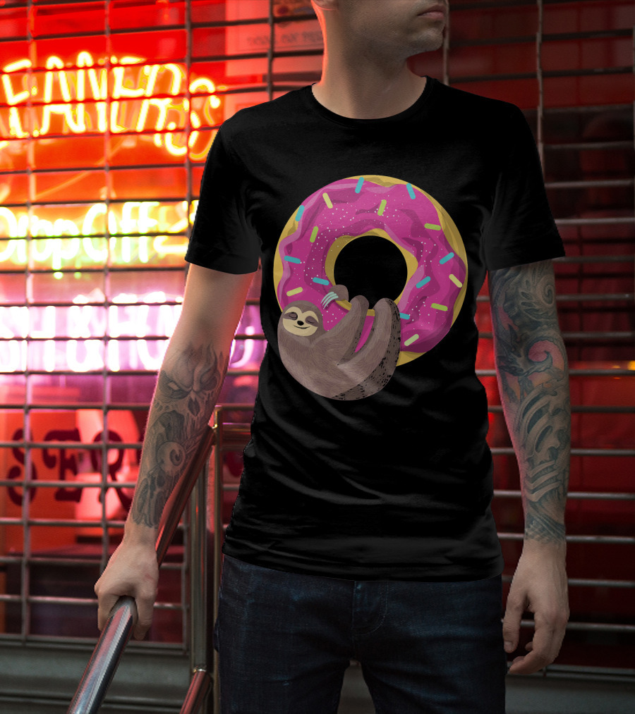 Sloth Hugging Pink Sprinkled Donut T-Shirt