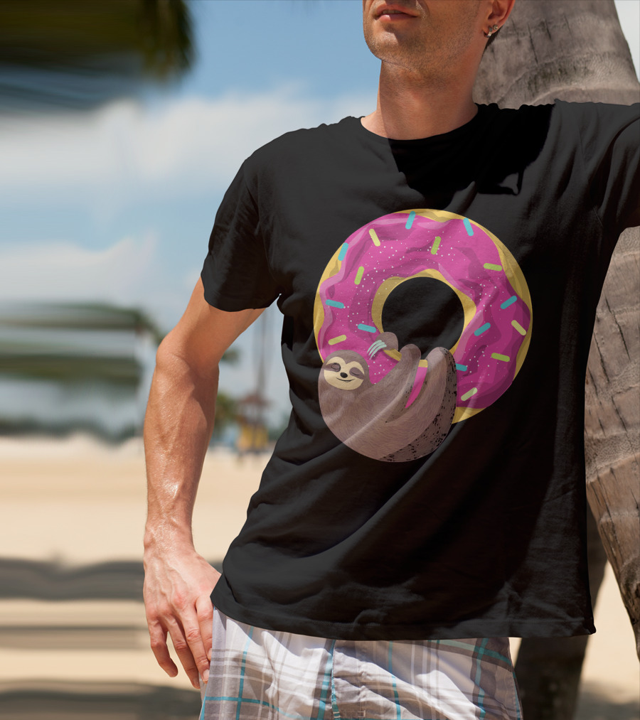 Sloth Hugging Pink Sprinkled Donut T-Shirt