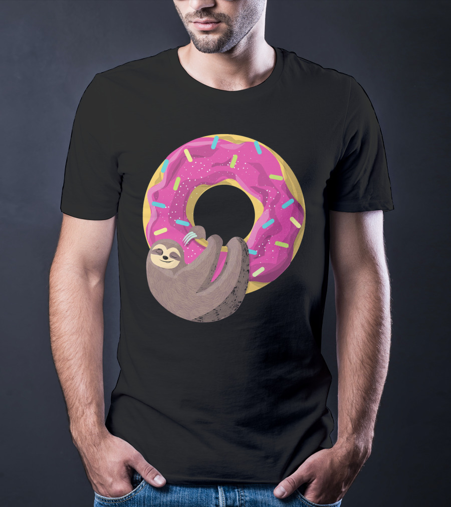 Sloth Hugging Pink Sprinkled Donut T-Shirt