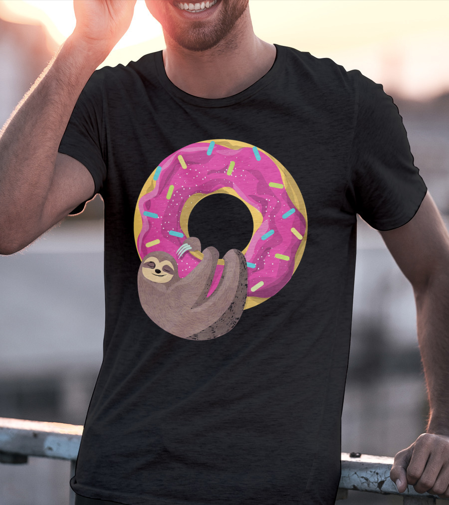 Sloth Hugging Pink Sprinkled Donut T-Shirt