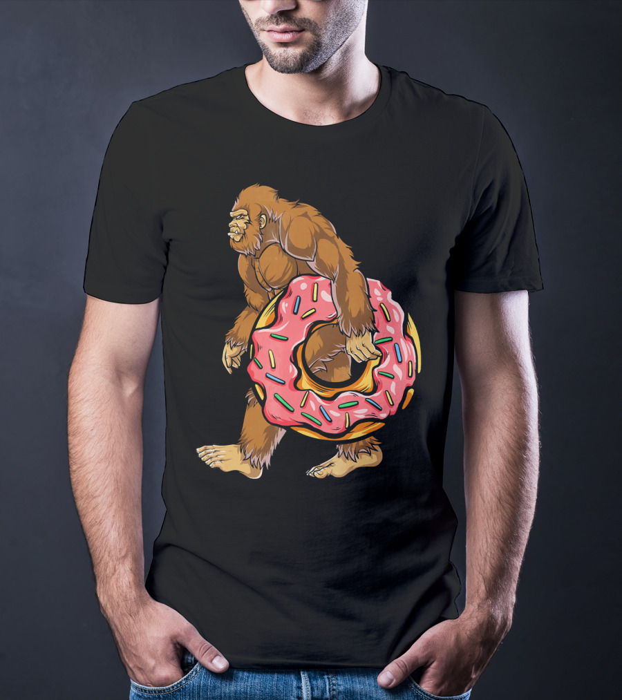 Bigfoot Sasquatch Holding Sprinkled Donut T-Shirt