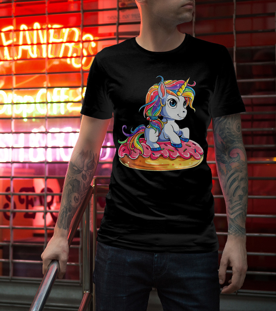Rainbow Unicorn Sitting On Donut Girls Kids T-Shirt