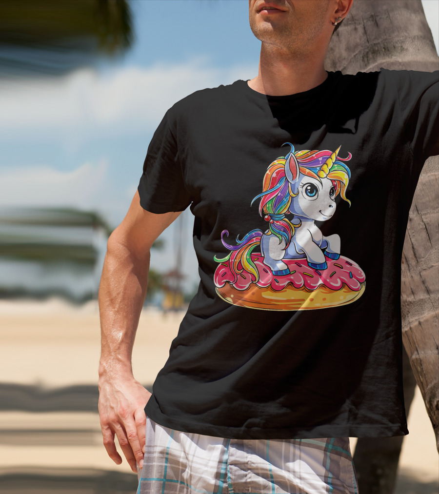 Rainbow Unicorn Sitting On Donut Girls Kids T-Shirt