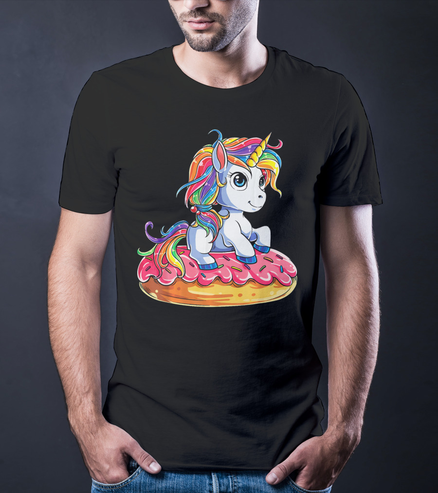 Rainbow Unicorn Sitting On Donut Girls Kids T-Shirt