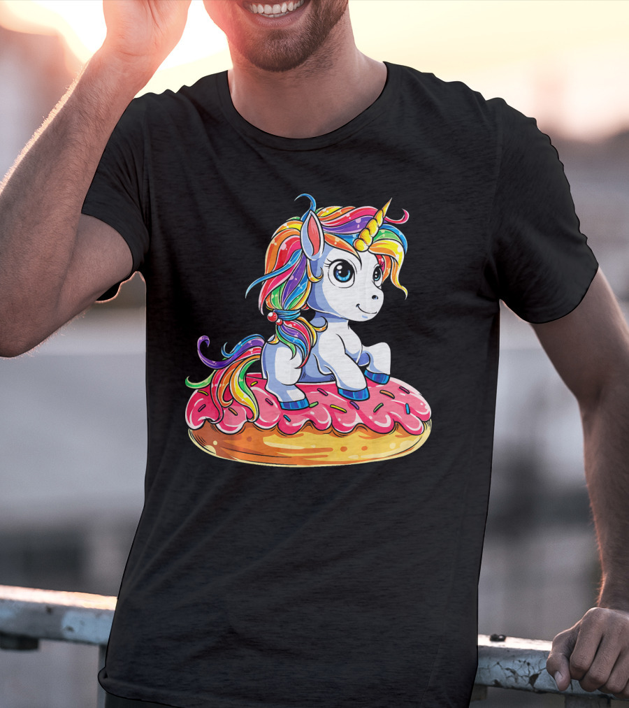 Rainbow Unicorn Sitting On Donut Girls Kids T-Shirt