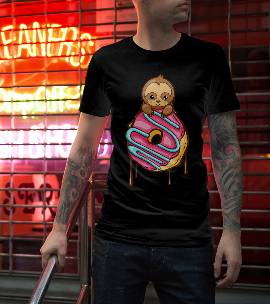 Cute Sloth And Pink Frosted Donut Lover T-Shirt