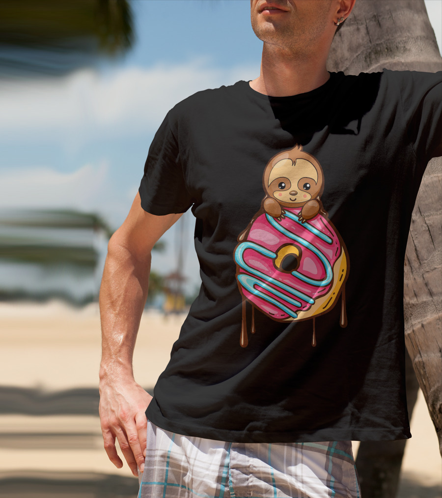 Cute Sloth And Pink Frosted Donut Lover T-Shirt