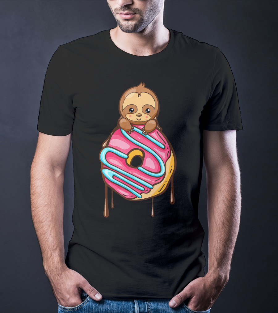 Cute Sloth And Pink Frosted Donut Lover T-Shirt