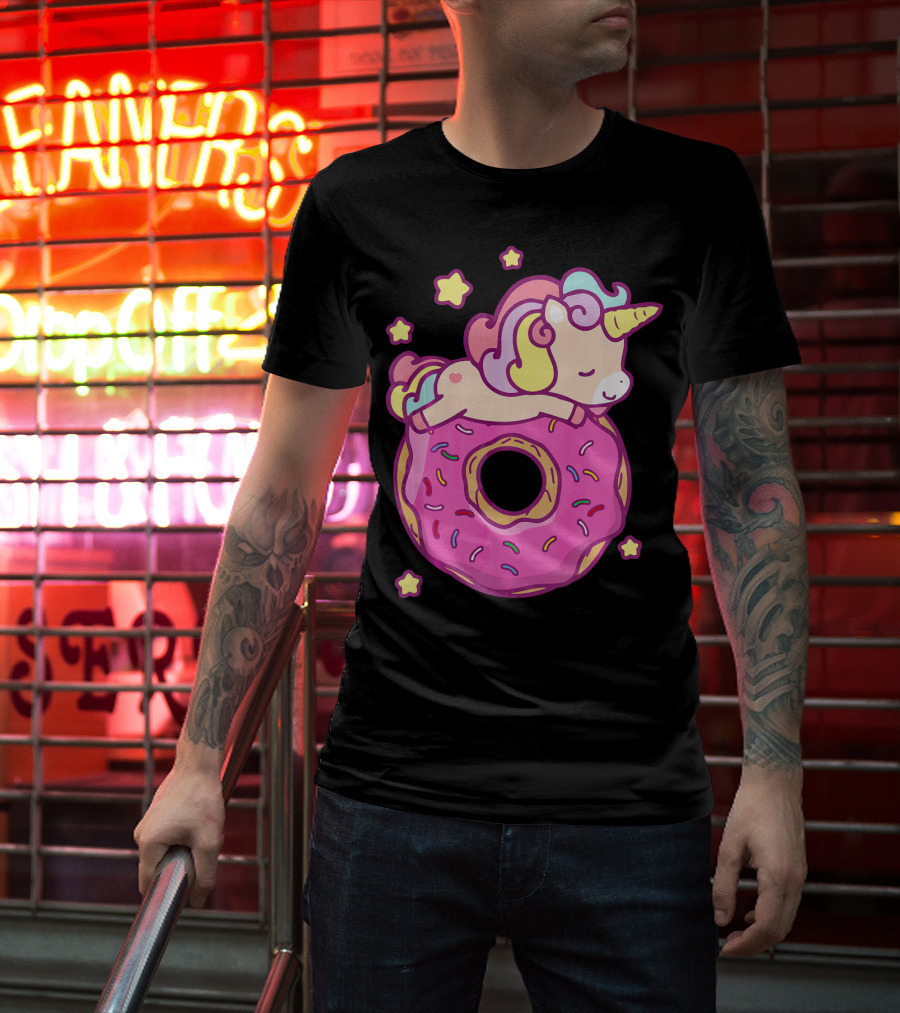 Cute Unicorn Donut Girls Kids Donut Day Sleepy Starry Sprinkle Delight T-Shirt