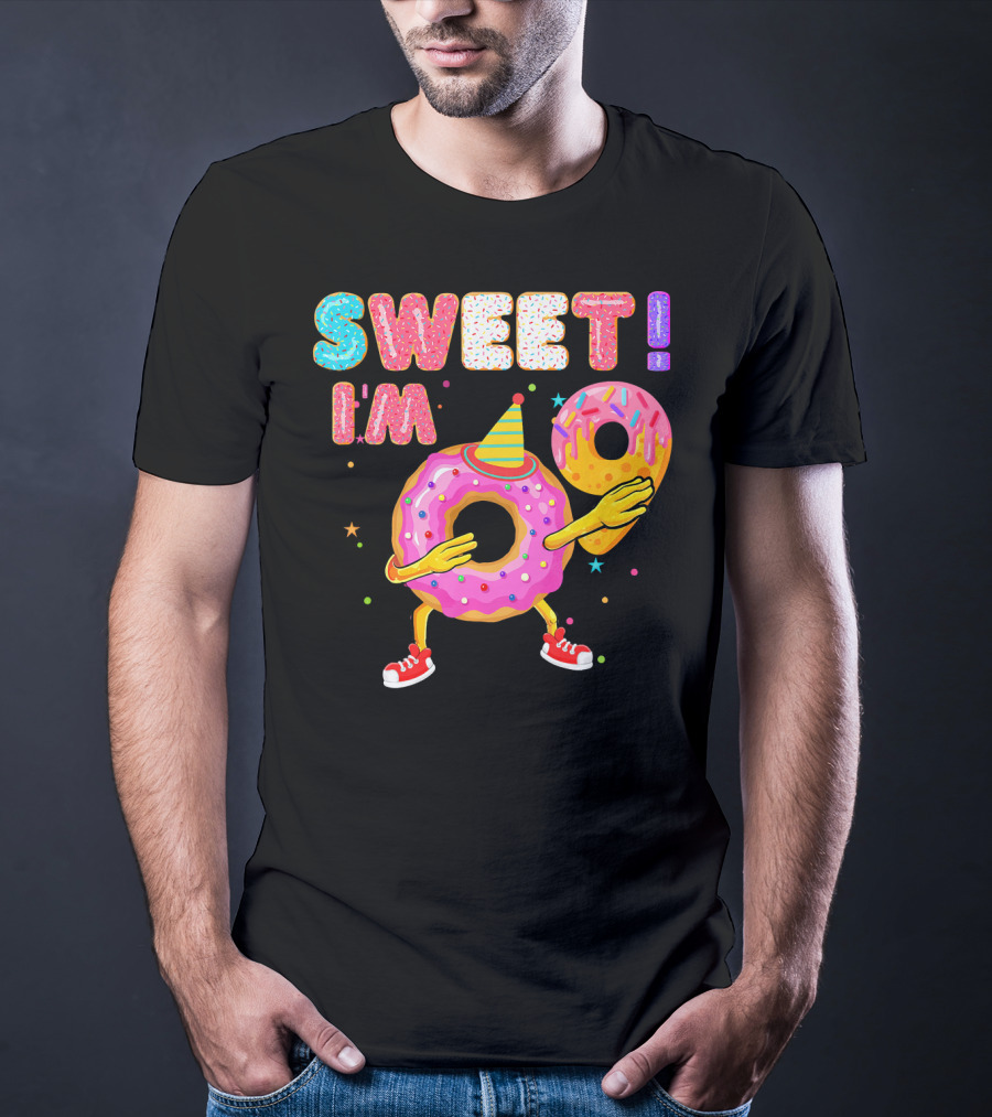 Sweet I'm 9 Years Old Birthday Donut With Sprinkles And Party Hat T-Shirt