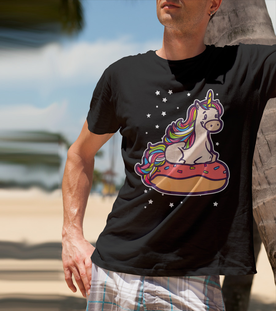 Rainbown Pastel Colors Unicorn Donut Fun With Stars T-Shirt