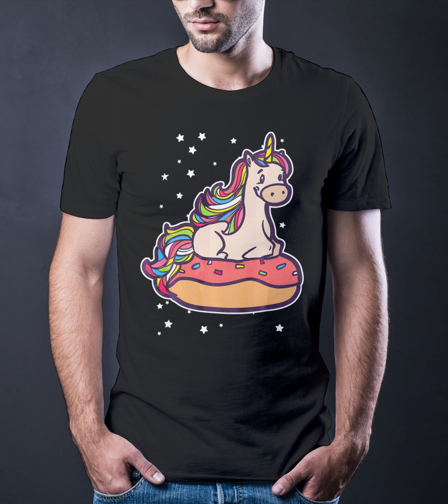 Rainbown Pastel Colors Unicorn Donut Fun With Stars T-Shirt