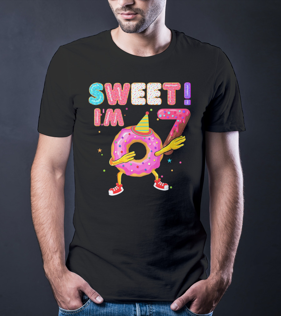 Sweet I'm 7 Birthday Donut Party Hat Fun T-Shirt