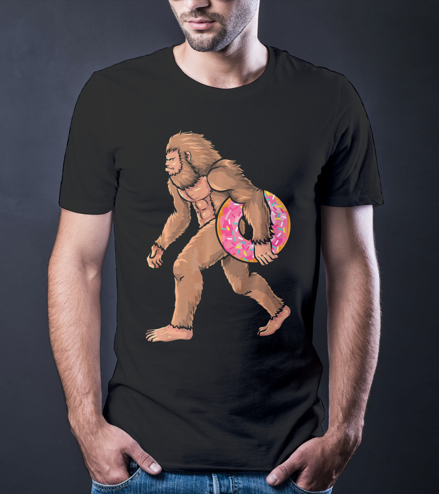 Bigfoot With Sprinkled Doughnut Walking Image T-Shirt