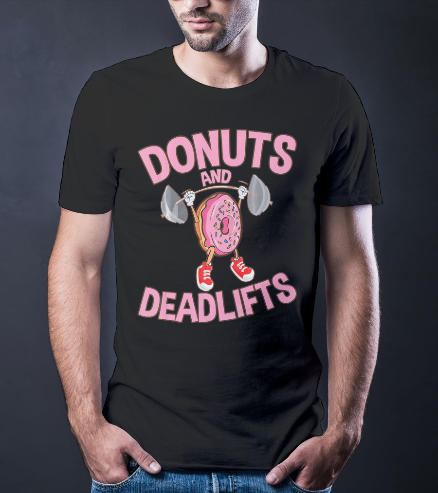 Donuts And Deadlifts Funny Workout Weigh Lifting Doughnut Cartoon T-Shirt