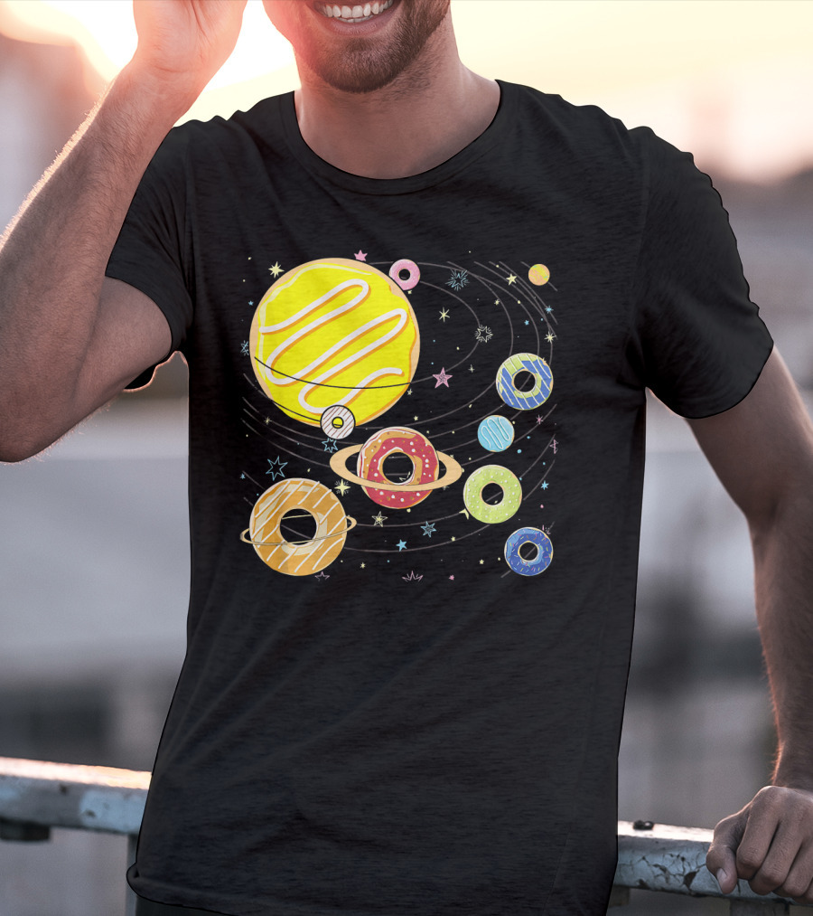Galaxy Planets As Glazed Donuts Doughnuts With Stars T-Shirt