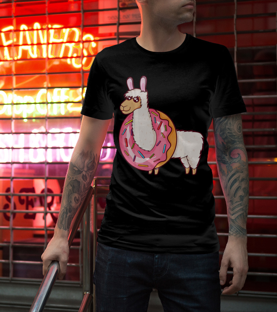 Cute Llama In A Sprinkled Donut Hole Alpaca T-Shirt
