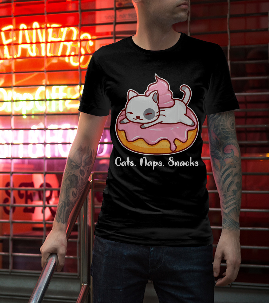Cats Naps Snacks With Cute Kitty On Pink Icing Donut T-Shirt