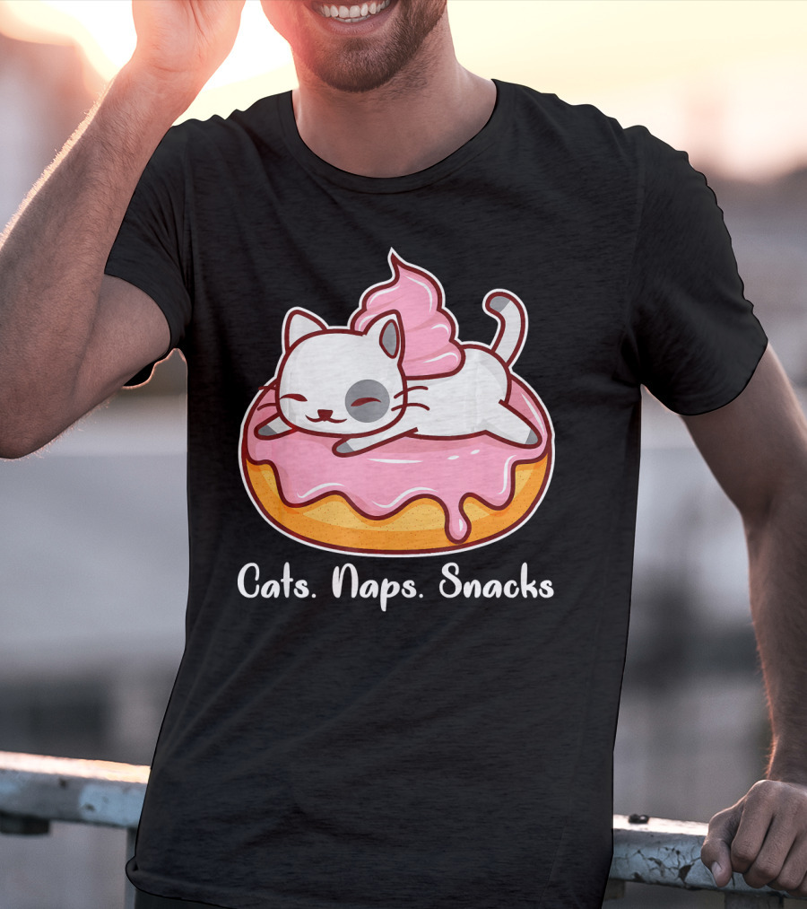 Cats Naps Snacks With Cute Kitty On Pink Icing Donut T-Shirt