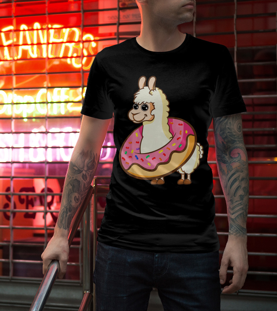 Cute Funny Llama With Sprinkled Donut Tube T-Shirt