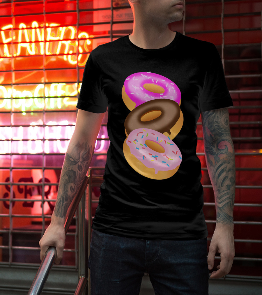 Donuts Doughnut Confection Pink Chocolate Frosted Doughnut Trio T-Shirt