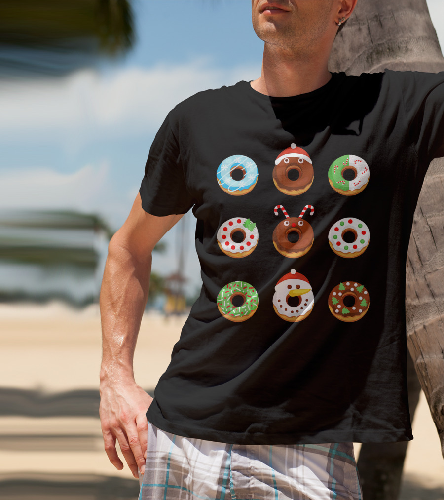 Christmas Donut Snowflakes Santa Candy Canes Holly Wreath Trees Snowman T-Shirt