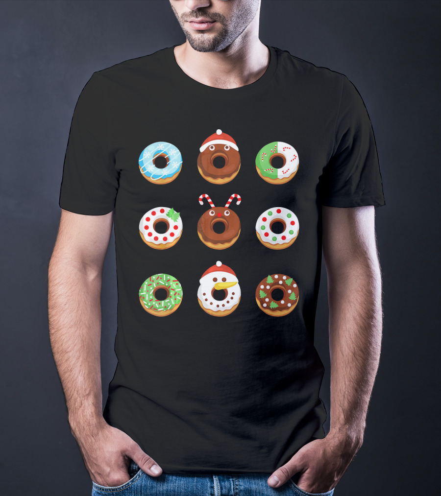 Christmas Donut Snowflakes Santa Candy Canes Holly Wreath Trees Snowman T-Shirt