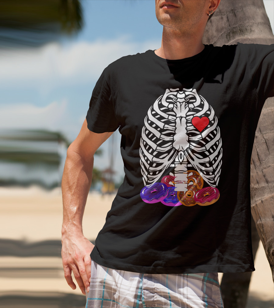 Funny Halloween Rib Cage Skeleton With Heart And Colorful Donuts T-Shirt