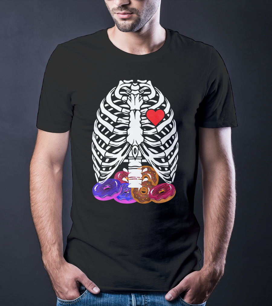 Funny Halloween Rib Cage Skeleton With Heart And Colorful Donuts T-Shirt