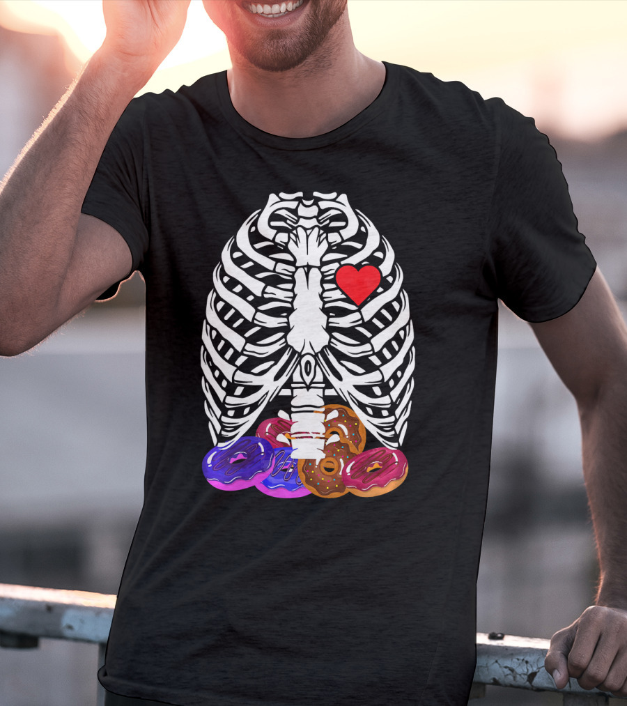 Funny Halloween Rib Cage Skeleton With Heart And Colorful Donuts T-Shirt