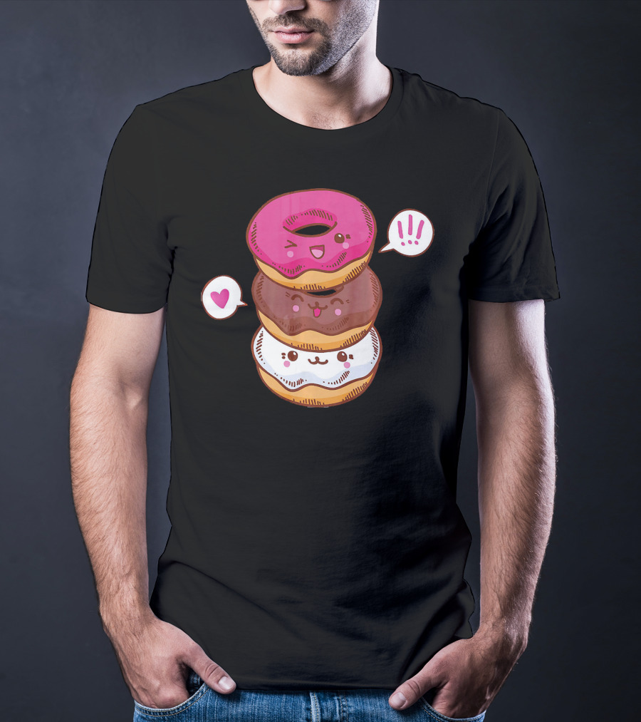 Kawaii Cheerleading Donut Stack With Cute Expressions And Heart Speech Bubbles T-Shirt