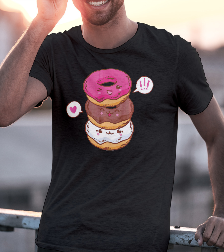Kawaii Cheerleading Donut Stack With Cute Expressions And Heart Speech Bubbles T-Shirt