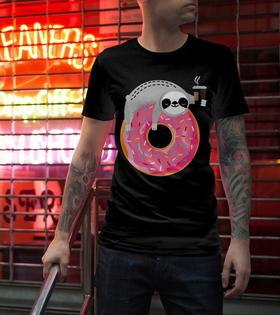 Sloth Relaxing On Sprinkled Donut Holding Steaming Coffee Cup T-Shirt