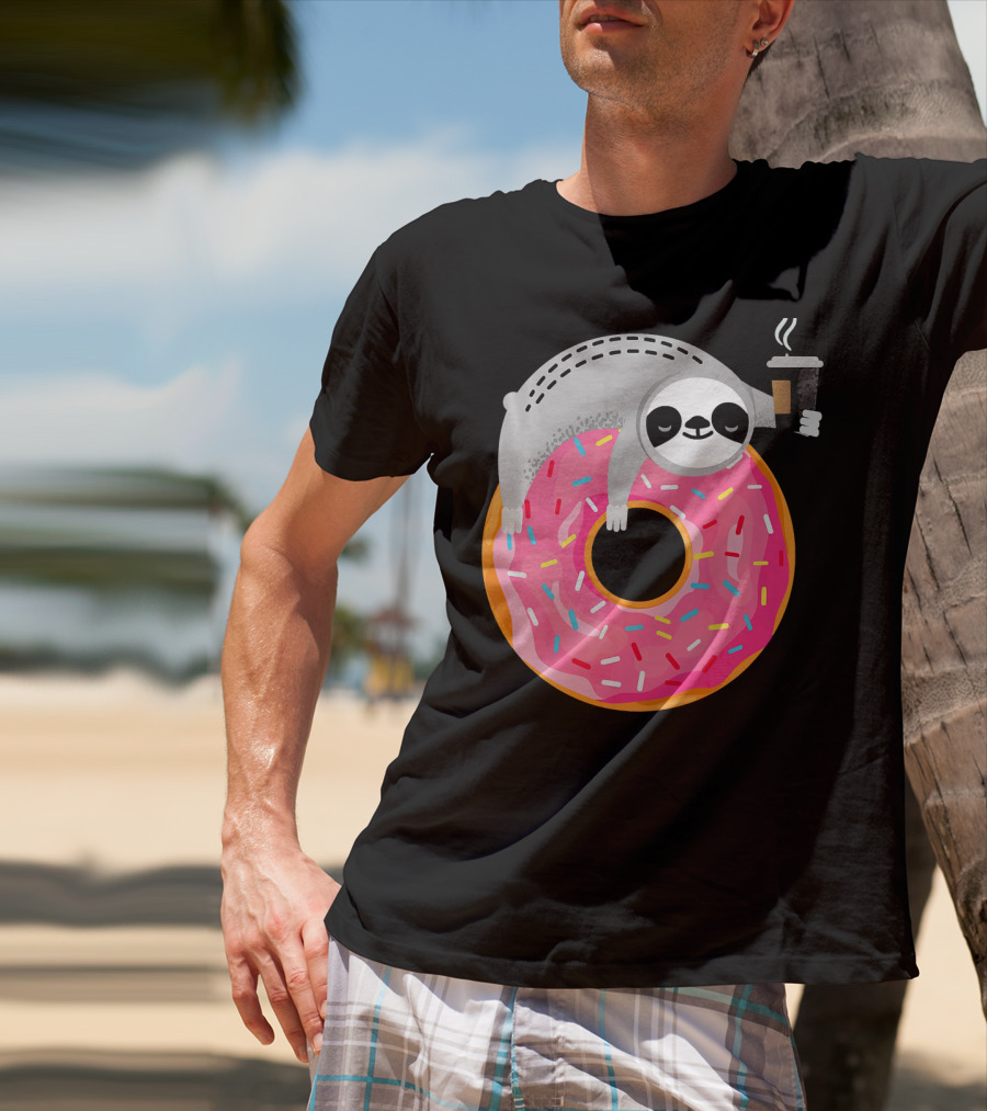 Sloth Relaxing On Sprinkled Donut Holding Steaming Coffee Cup T-Shirt