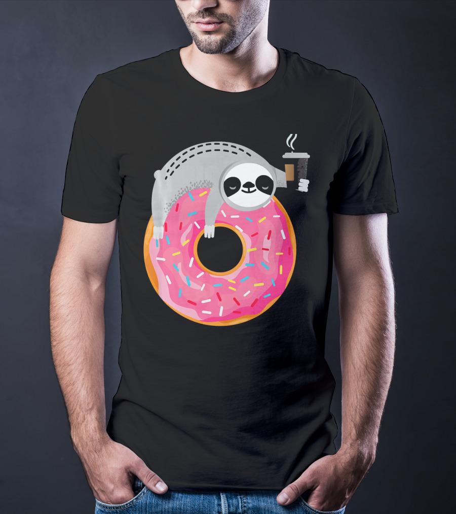 Sloth Relaxing On Sprinkled Donut Holding Steaming Coffee Cup T-Shirt