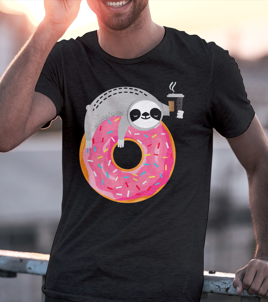 Sloth Relaxing On Sprinkled Donut Holding Steaming Coffee Cup T-Shirt