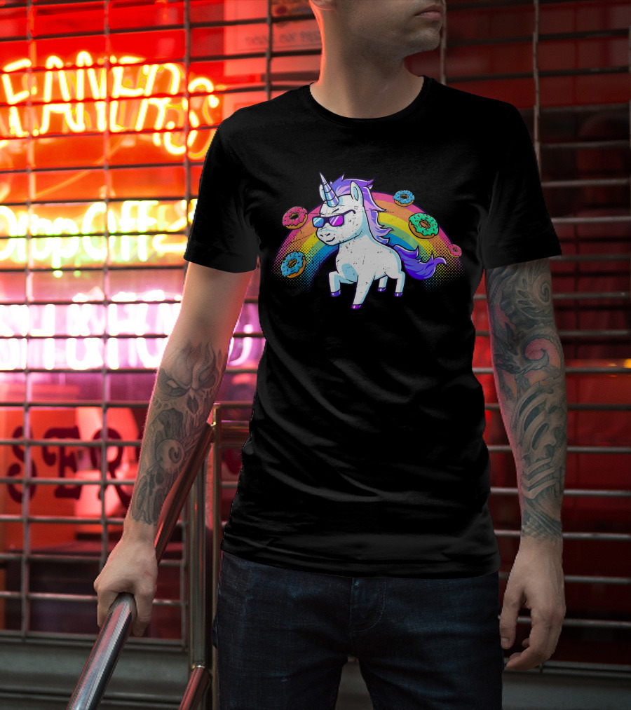 Donut Unicorn In Sunglasses With Rainbow T-Shirt