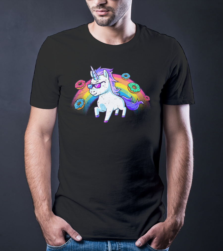 Donut Unicorn In Sunglasses With Rainbow T-Shirt
