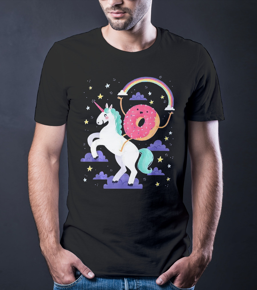 Donut Riding Unicorn With Rainbow And Stars T-Shirt