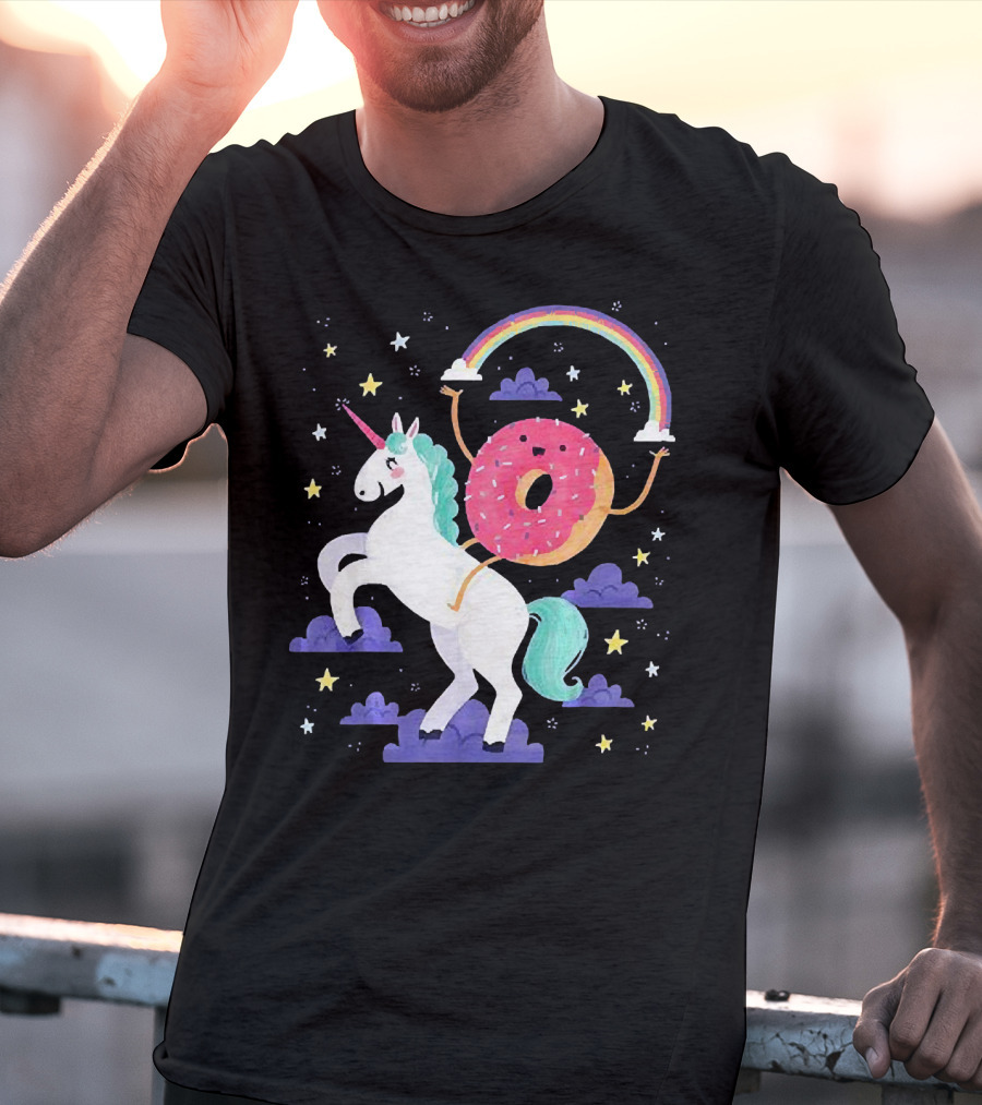 Donut Riding Unicorn With Rainbow And Stars T-Shirt