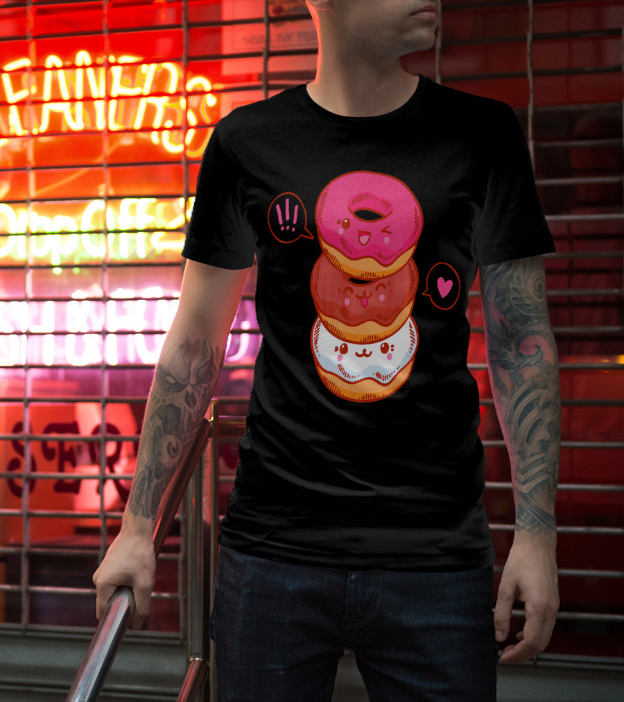 Kawaii Donuts Stack With Cute Faces And Heart T-Shirt