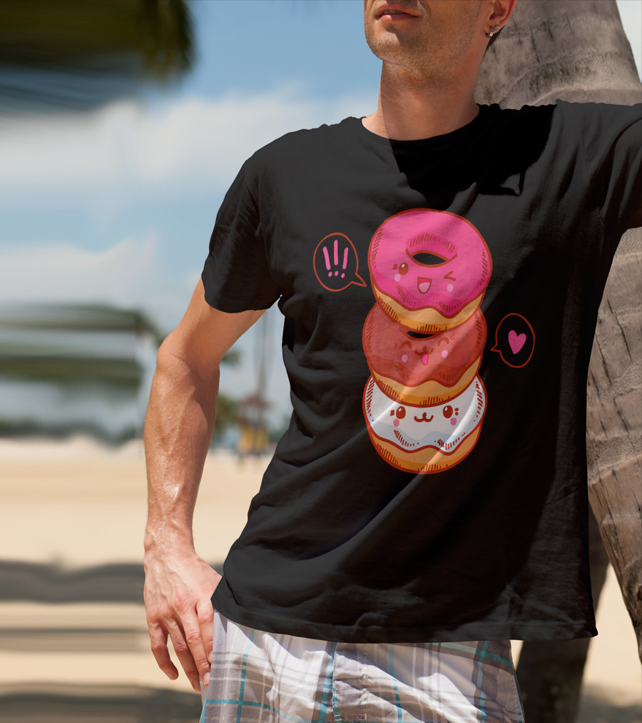 Kawaii Donuts Stack With Cute Faces And Heart T-Shirt