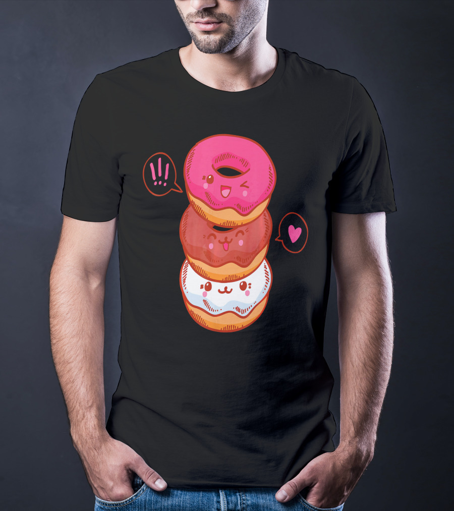 Kawaii Donuts Stack With Cute Faces And Heart T-Shirt