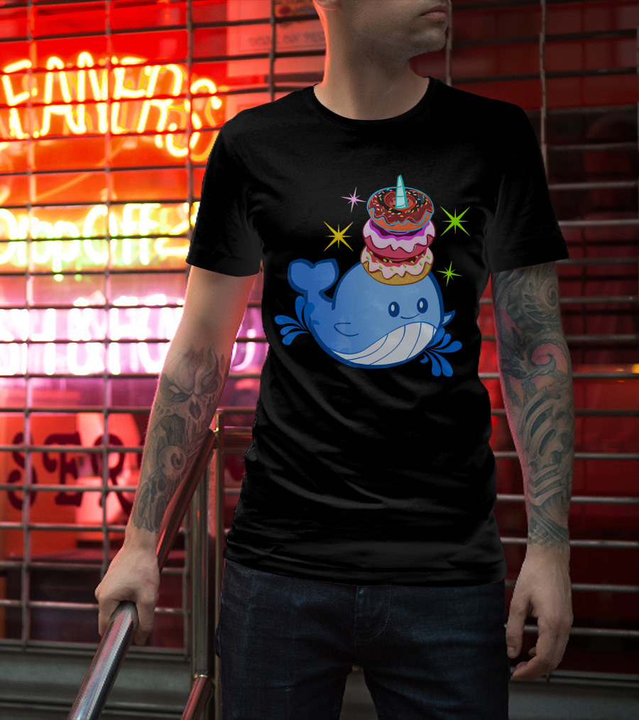 Cute Narwhal Balancing Colorful Donuts T-Shirt