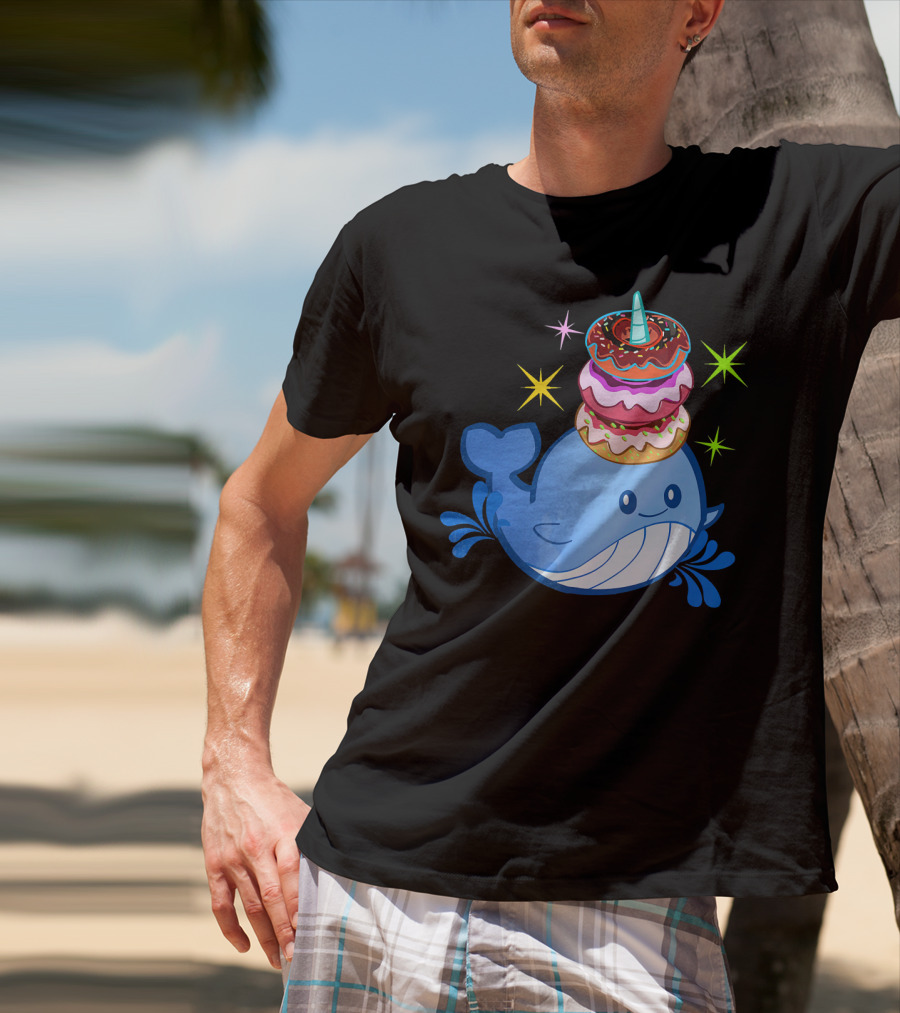 Cute Narwhal Balancing Colorful Donuts T-Shirt