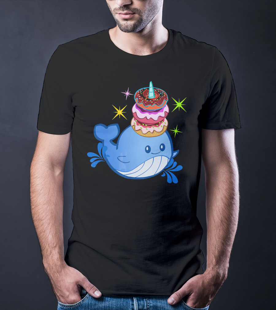 Cute Narwhal Balancing Colorful Donuts T-Shirt